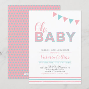 Roze en blauw   Modern Typography Girl Baby shower Kaart