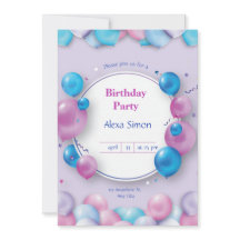 Roze en Blauw Moderne Uitnodiging van de Verjaarda