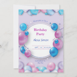 Roze en Blauw Moderne Uitnodiging van de Verjaarda