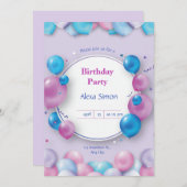 Roze en Blauw Moderne Uitnodiging van de Verjaarda (Voorkant / Achterkant)
