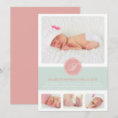 Roze en Blauw Monogram Baby Fotocollage Geboorte Aankondiging (Voorkant / Achterkant)