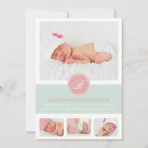 Roze en Blauw Monogram Baby Fotocollage Geboorte Aankondiging