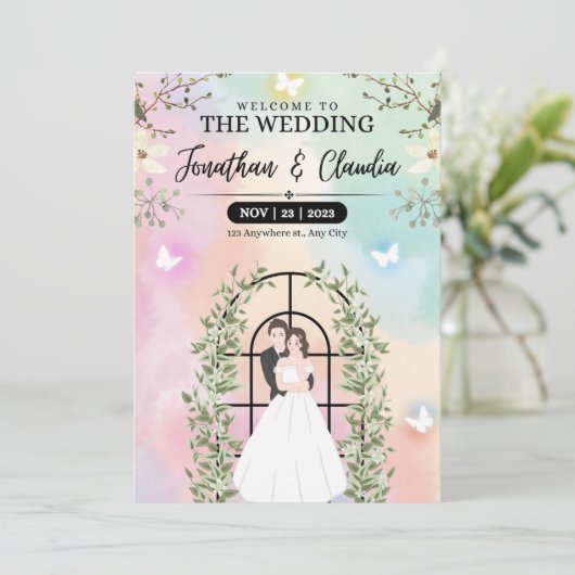 Roze en blauw mooie waterverf bruiloft kaart (Staand voorkant)