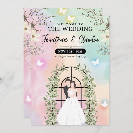 Roze en blauw mooie waterverf bruiloft kaart (Voorkant / Achterkant)