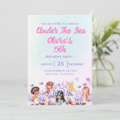 Roze en Blauw Onder het Zee Verjaardagsuitnodiging Kaart (Staand voorkant)