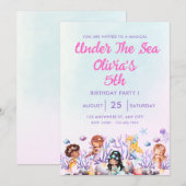 Roze en Blauw Onder het Zee Verjaardagsuitnodiging Kaart (Voorkant / Achterkant)