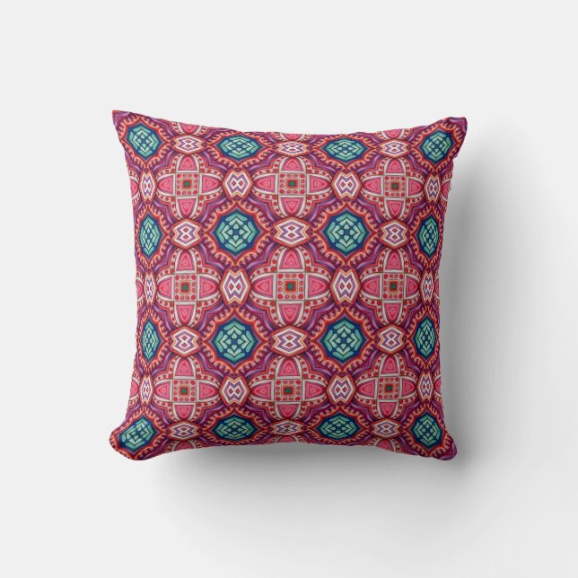Roze en Blauw Ornamental Tegel Pattern Kussen (Voorkant)