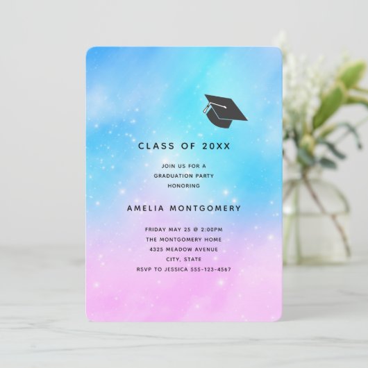 Roze en Blauw Pastel Gradient Sky Afstuderen Kaart (Staand voorkant)