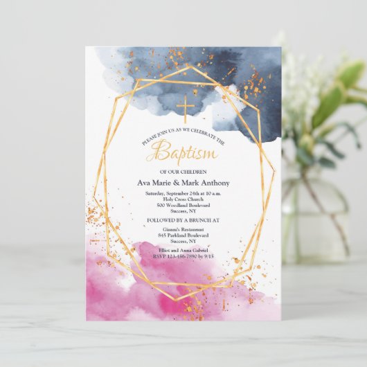 Roze en Blauw Religieuze Uitnodiging (Staand voorkant)