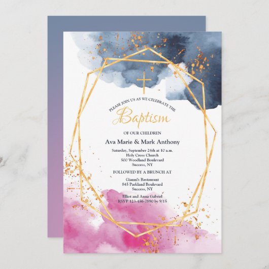 Roze en Blauw Religieuze Uitnodiging (Voorkant / Achterkant)