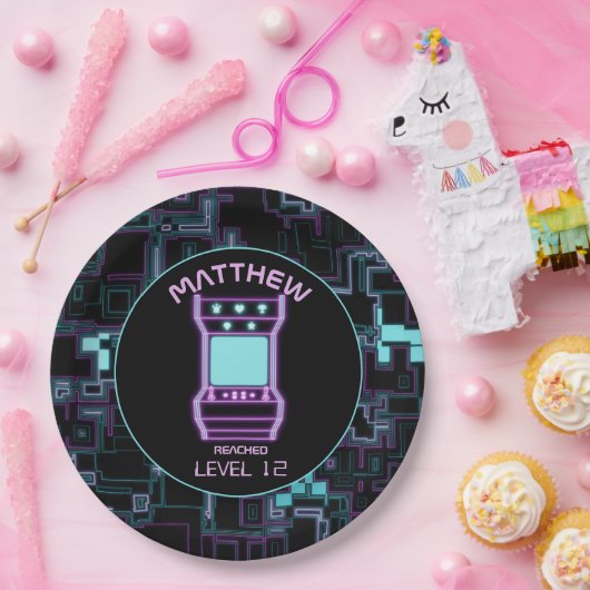 Roze en Blauw Retro Arcade Videogame Papieren Bordje (Feest)