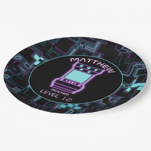 Roze en Blauw Retro Arcade Videogame Papieren Bordje (Gekanteld)