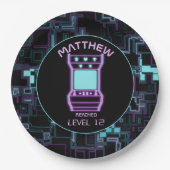 Roze en Blauw Retro Arcade Videogame Papieren Bordje (Voorkant)