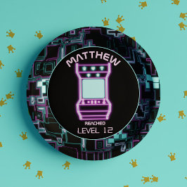 Roze en Blauw Retro Arcade Videogame Papieren Bordje