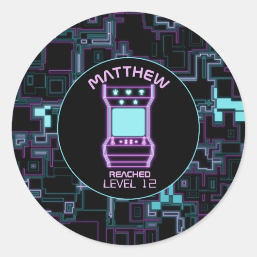 Roze en Blauw Retro Arcade Videogame Ronde Sticker (Voorkant)