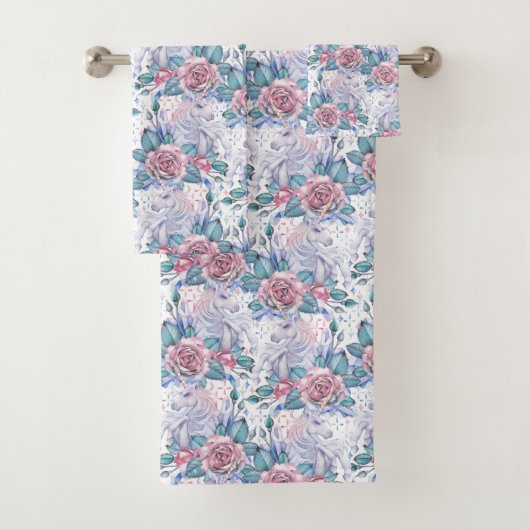 Roze en blauw Roos Patroon Bad Handdoek (Insitu)