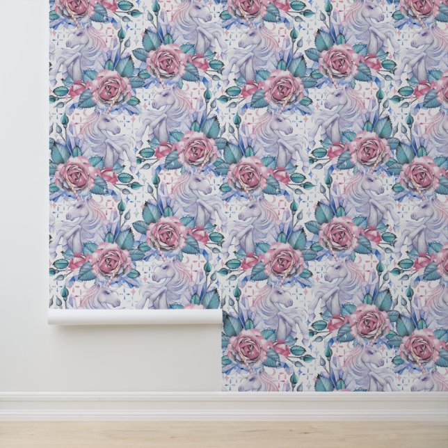 Roze en blauw Roos patroon Behang (Applicatie)