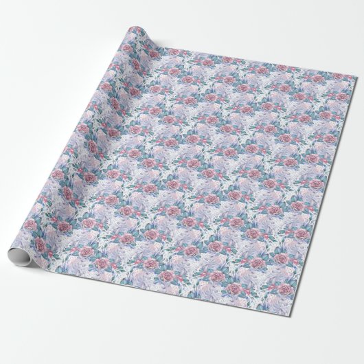 Roze en blauw Roos Patroon Cadeaupapier (Uitgerold)