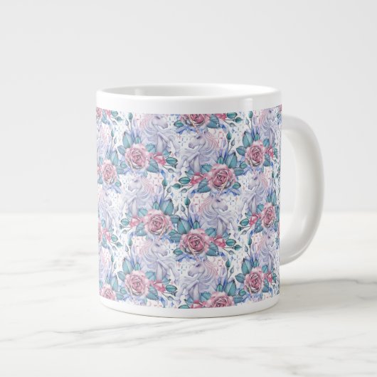 Roze en blauw Roos Patroon Grote Koffiekop (Voorkant rechts)