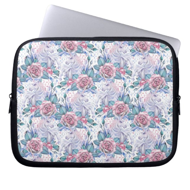 Roze en blauw Roos Patroon Laptop Sleeve (Voorkant)
