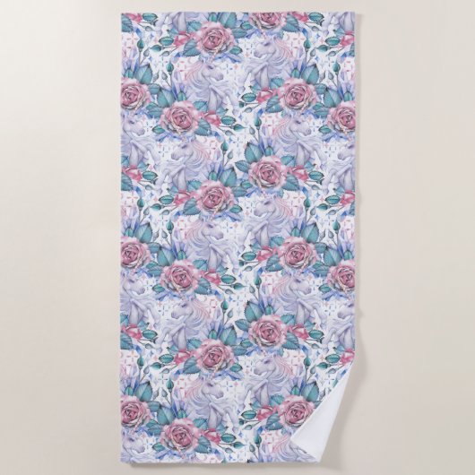 Roze en blauw Roos Patroon Strandlaken (Voorkant)