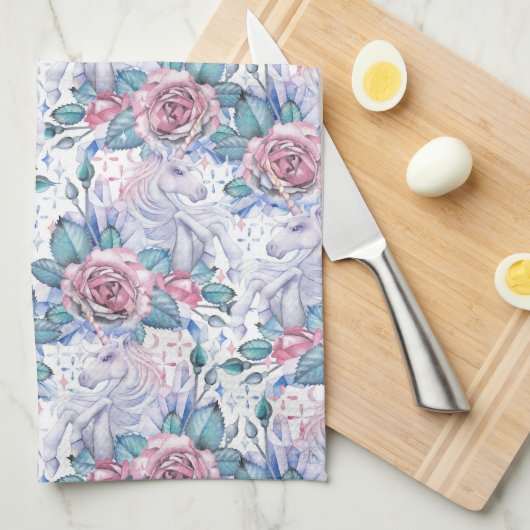 Roze en blauw Roos Patroon Theedoek (Quarter Fold)