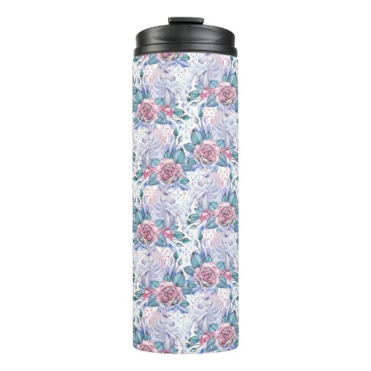 Roze en blauw Roos Patroon Thermosbeker (Voorkant)