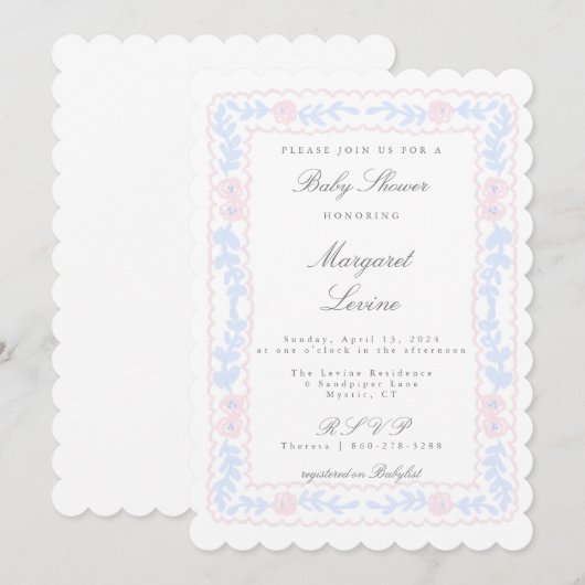 Roze en Blauw Roos Trellis Baby shower Invitation Kaart (Voorkant / Achterkant)