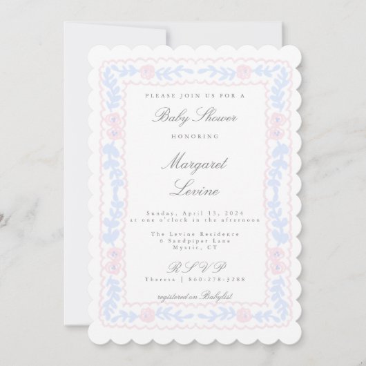 Roze en Blauw Roos Trellis Baby shower Invitation Kaart (Voorkant)