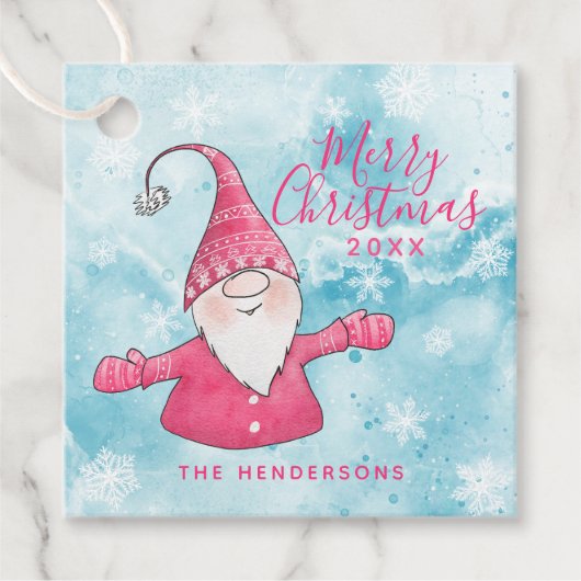 Roze en Blauw Schattigee Gnome Custom Merry Christ Bedankjes Labels (Voorkant)