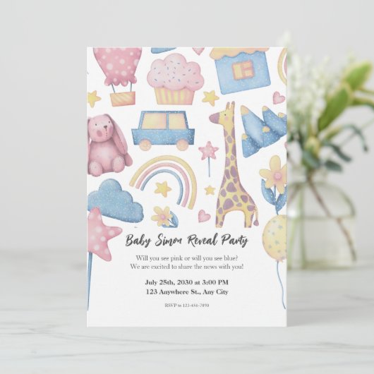Roze en Blauw Schattigee Waterverf Geslacht onthul Kaart (Staand voorkant)