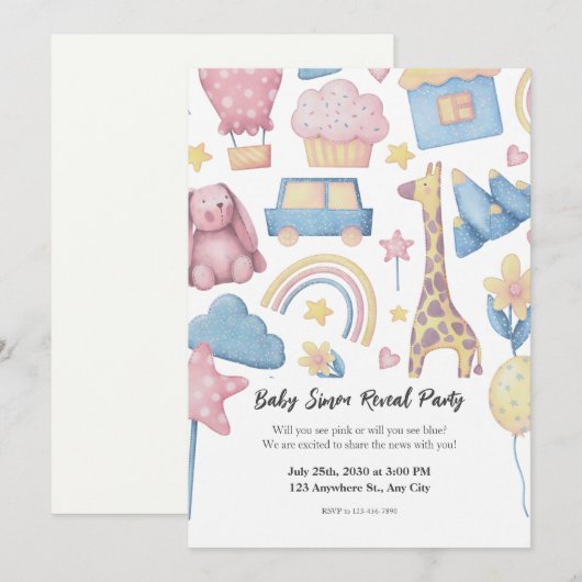 Roze en Blauw Schattigee Waterverf Geslacht onthul Kaart (Voorkant / Achterkant)