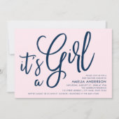 Roze en blauw script Het is een meisje Baby shower Kaart (Voorkant)