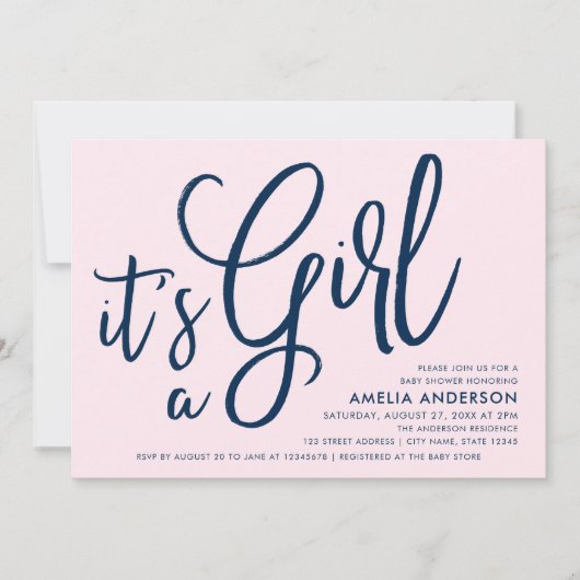 Roze en blauw script Het is een meisje Baby shower Kaart (Voorkant)