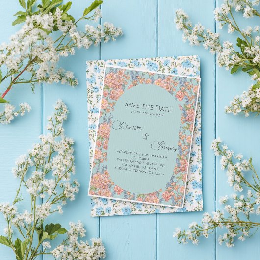 Roze en blauw shabby chic Bewaar de datum Aankondigingskaart