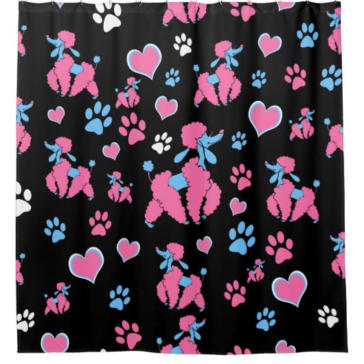 Roze en blauw spiegelpatroon op zwarte achtergrond douchegordijn (Voorkant)