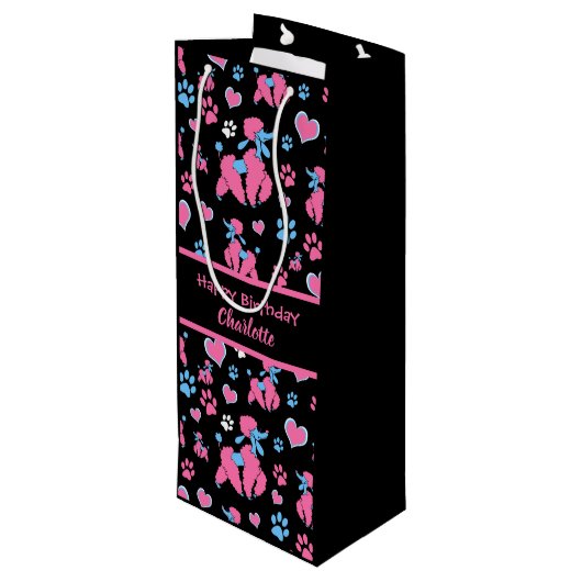 Roze en blauw spiegelpatroon op zwarte achtergrond wijn cadeautas (Achterkant Gekanteld)