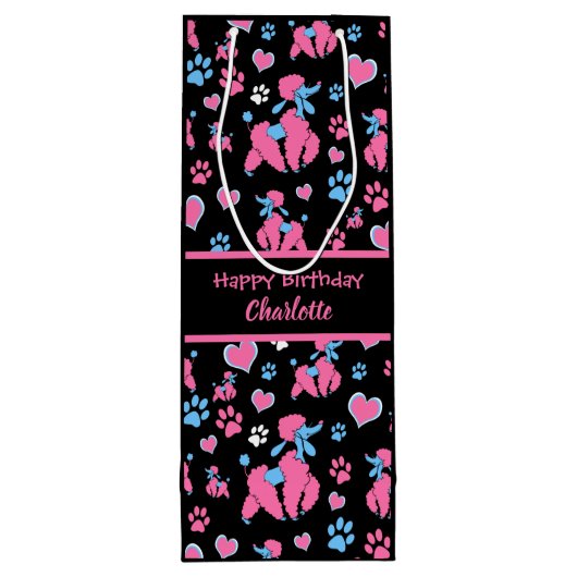 Roze en blauw spiegelpatroon op zwarte achtergrond wijn cadeautas (Achterkant)