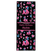 Roze en blauw spiegelpatroon op zwarte achtergrond wijn cadeautas (Voorkant)