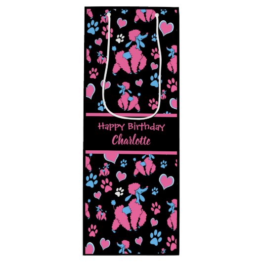 Roze en blauw spiegelpatroon op zwarte achtergrond wijn cadeautas (Voorkant)