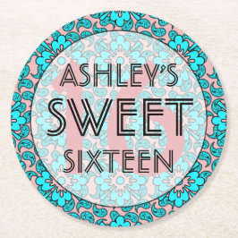 Roze en Blauw Sweet 16 verjaardagsfeestjes Onderze Ronde Kartonnen Onderzetter
