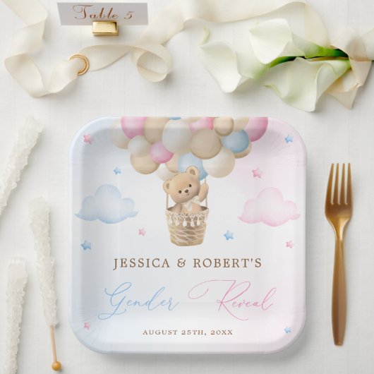 Roze en Blauw Teddy Bear Geslacht Onthullen Papieren Bordje (Huwelijk)