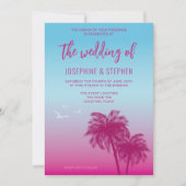 Roze en Blauw Tropische Palmbomen Bruiloft Kaart (Voorkant)