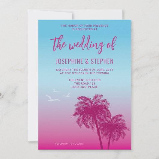 Roze en Blauw Tropische Palmbomen Bruiloft Kaart (Voorkant)