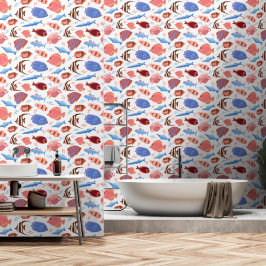 roze en blauw vissenpatroon behang