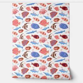 roze en blauw vissenpatroon behang