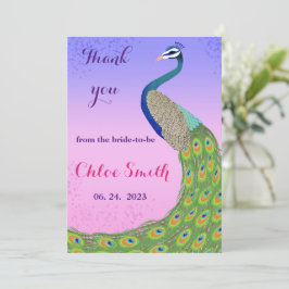 Roze en blauw vrijgezellenfeest met pauw-thema bedankkaart