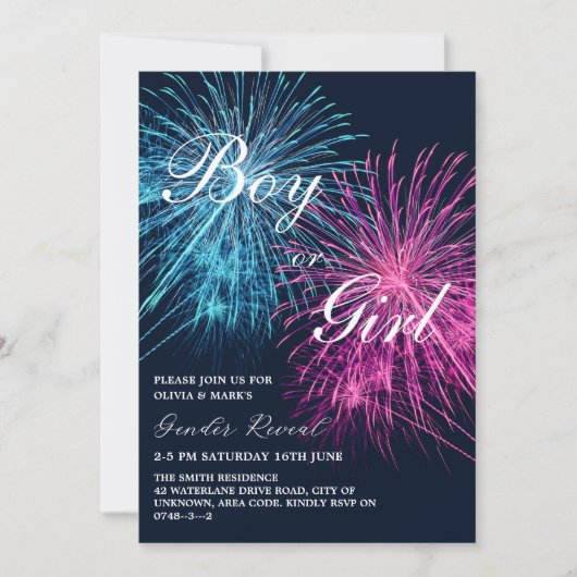 Roze en Blauw Vuurwerk Firecracker Gender Reveal Kaart (Voorkant)