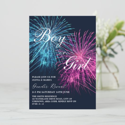 Roze en Blauw Vuurwerk Firecracker Gender Reveal Kaart (Staand voorkant)