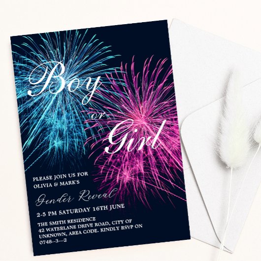 Roze en Blauw Vuurwerk Firecracker Gender Reveal Kaart